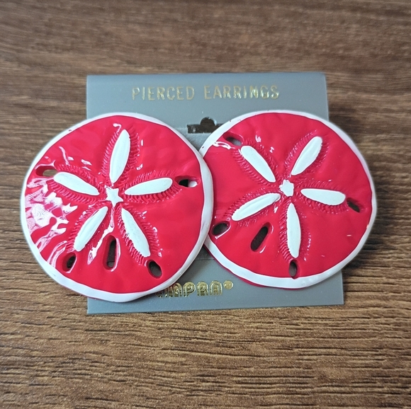 Bright Red Sand Dollar Round Drop Earrings Coastal Beach Summer Nautical - Picture 6 of 6